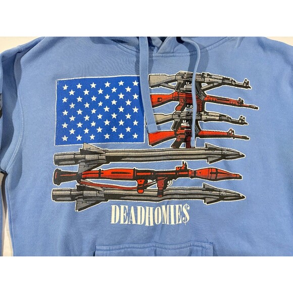 Dead Homies Blue Mens Graphic Print Gun Pullover USA Flag Hoodie Sweatshirt Sz L - Picture 3 of 9